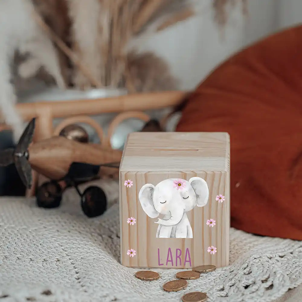 Tirelire enfant en bois avec serrure et clé, motif éléphant fleuri — Kidsmood