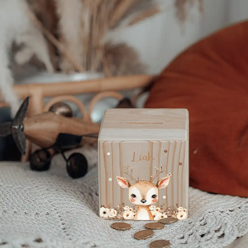 Tirelire enfant en bois avec serrure et clé, motif faon fleuri — Kidsmood
