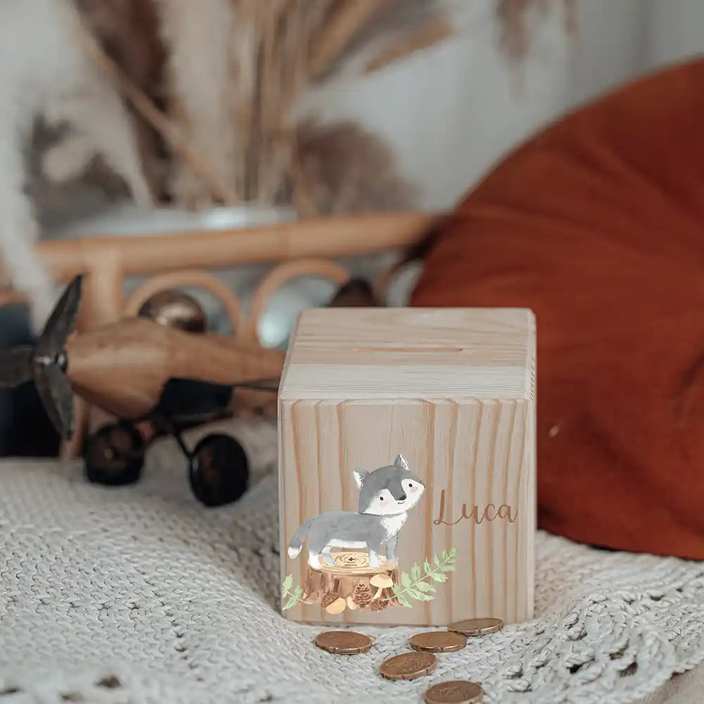 Tirelire enfant en bois avec serrure et clé, motif loup — Kidsmood