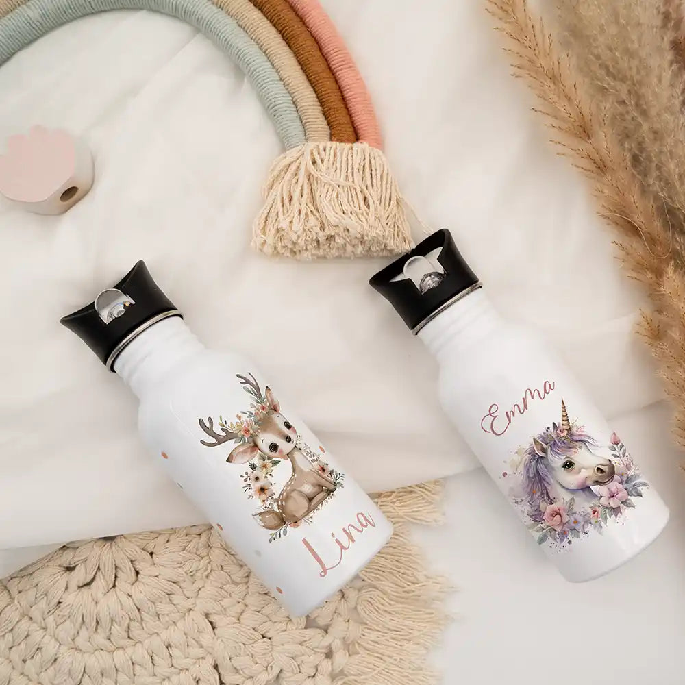 Gourde personnalisée en métal pour enfant, motif Faon fleuri — Kidsmood