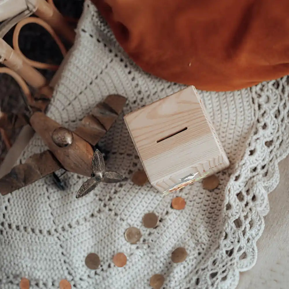 Tirelire en bois, cadeau de naissance ou de baptême, motif loup — Kidsmood