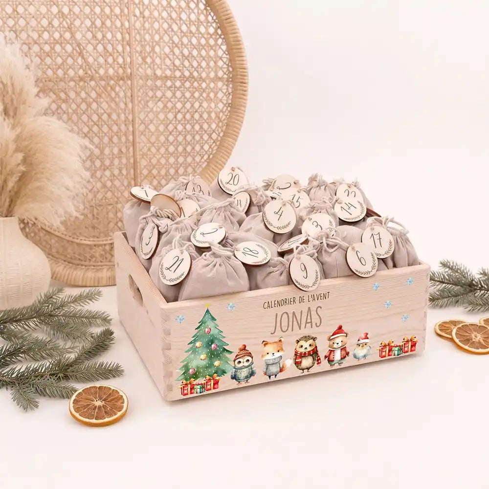 Calendrier de l'avent personnalisé, motif Amis de la forêt — Caisse en bois clair | Kidsmood