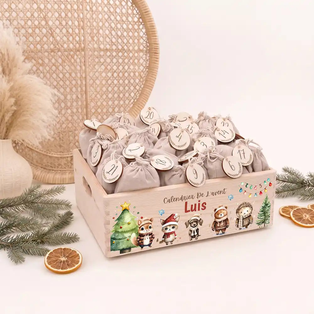 Calendrier de l'avent personnalisé, motif Chien et chat — Caisse en bois clair | Kidsmood