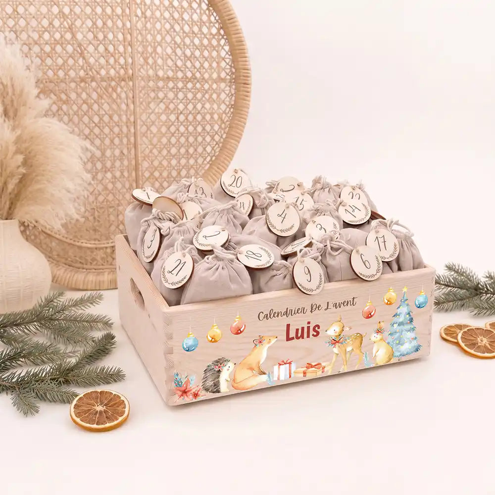 Calendrier de l'avent personnalisé, motif Renard doré — Caisse en bois clair | Kidsmood
