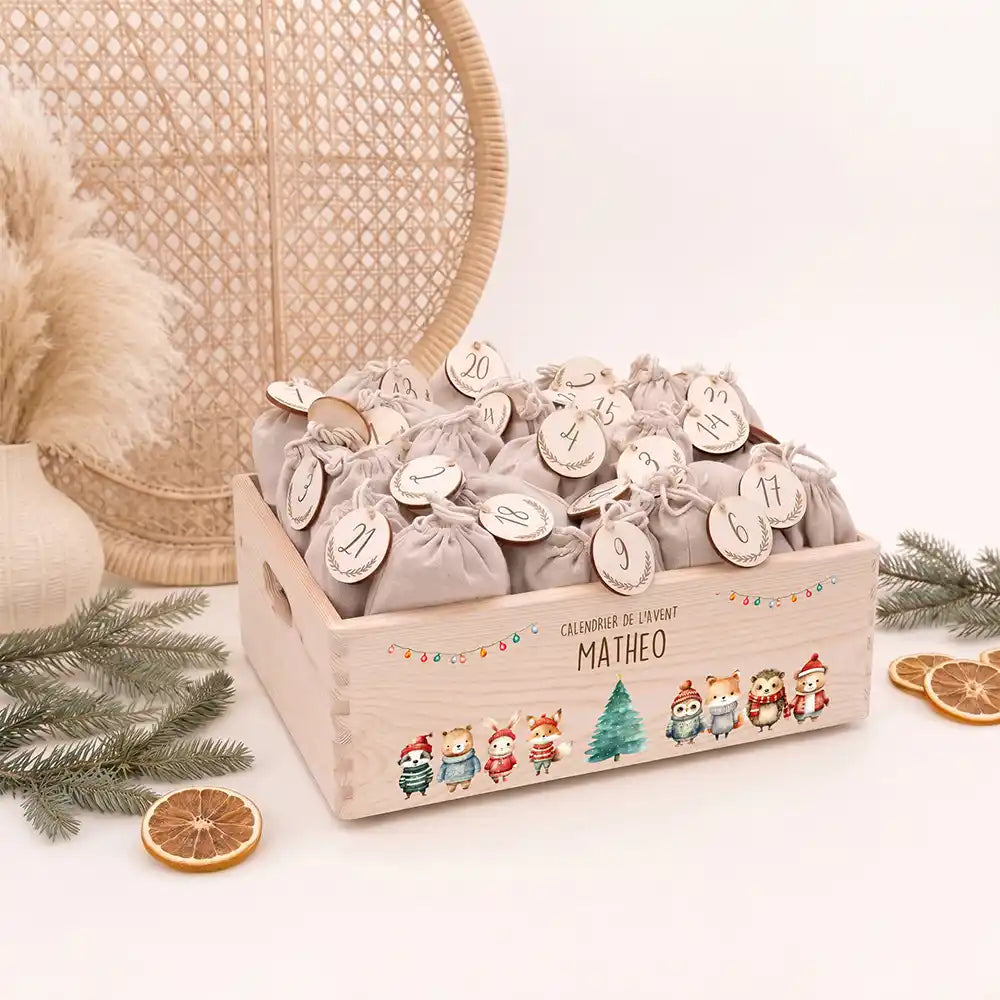Calendrier de l'avent personnalisé, motif Ronde des animaux — Caisse en bois clair | Kidsmood