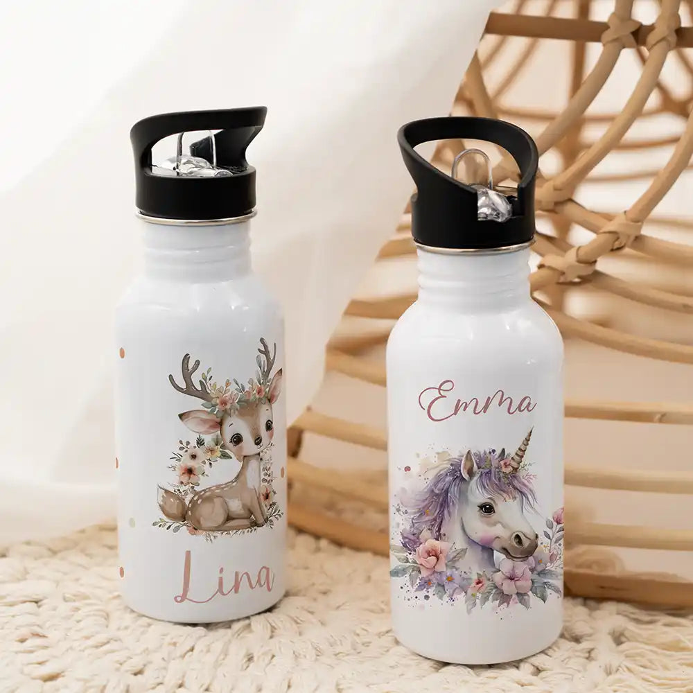 Gourde enfant 500 ml avec prénom pour l'école, motif Faon fleuri — Kidsmood