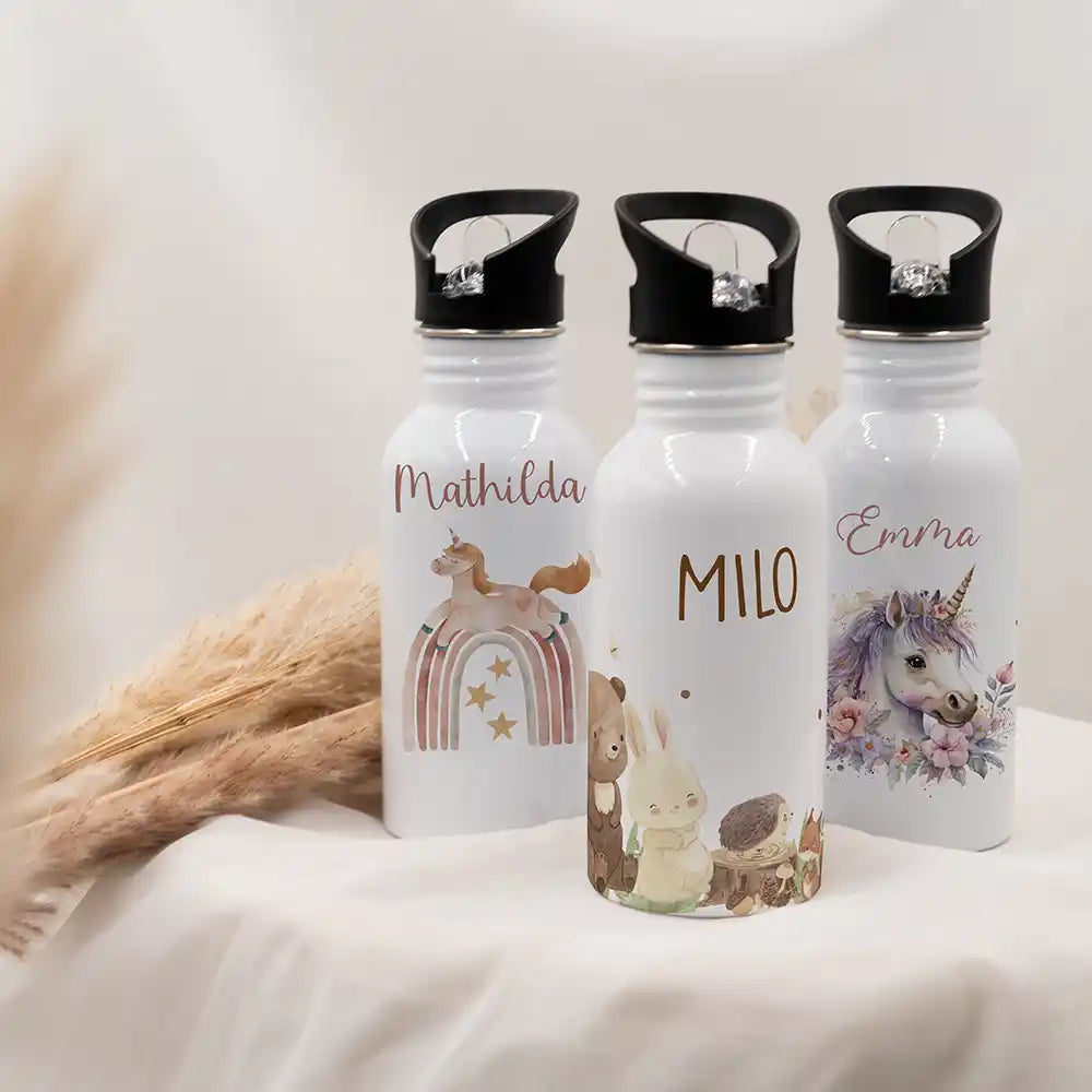 Gourde à paille personnalisée, idée cadeau enfant motif Animaux de la forêt — Kidsmood