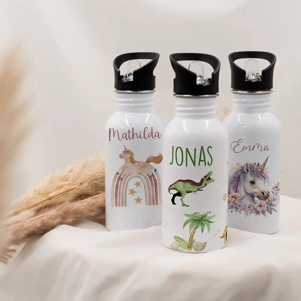 Gourde à paille personnalisée, idée cadeau enfant motif Dinosaures de la jungle — Kidsmood