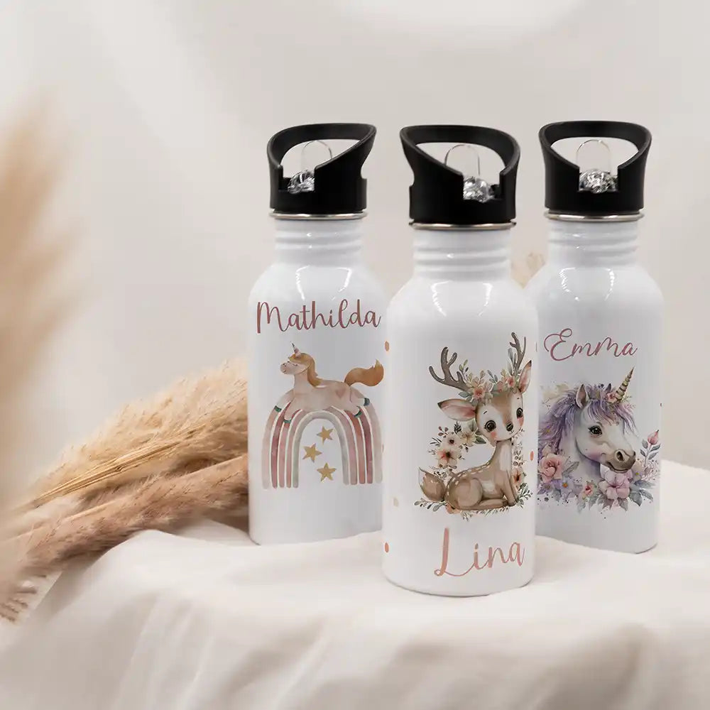 Gourde à paille personnalisée, idée cadeau enfant motif Faon fleuri — Kidsmood