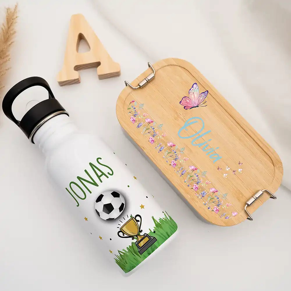 Gourde inox personnalisée avec prénom réutilisable, motif Football et trophée — Kidsmood