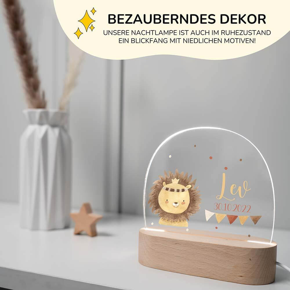 engraved night lamp with baby lion, dots, garland, and custom name