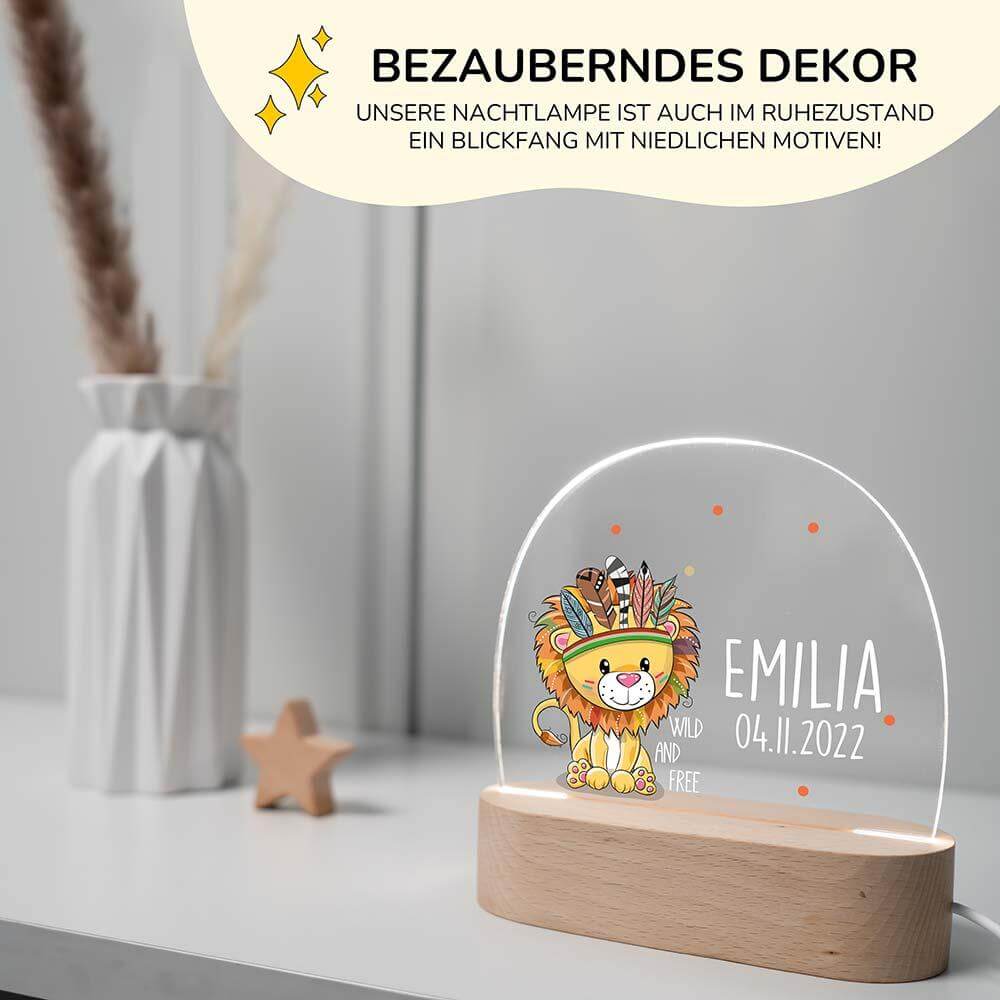 night lamp with löwe, wild & free design and personalized name