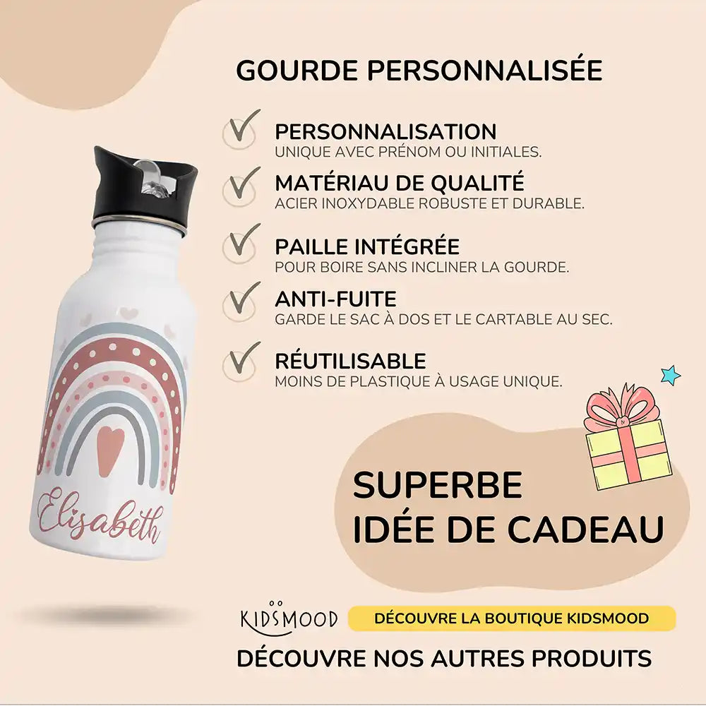 Les atouts de la gourde personnalisée enfant motif Arc-en-ciel et cœur — Kidsmood