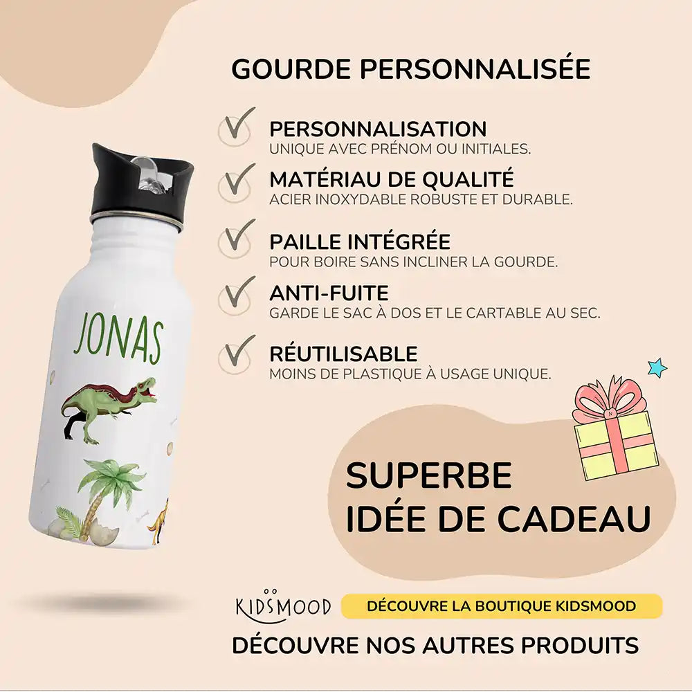 Les atouts de la gourde personnalisée enfant motif Dinosaures de la jungle — Kidsmood