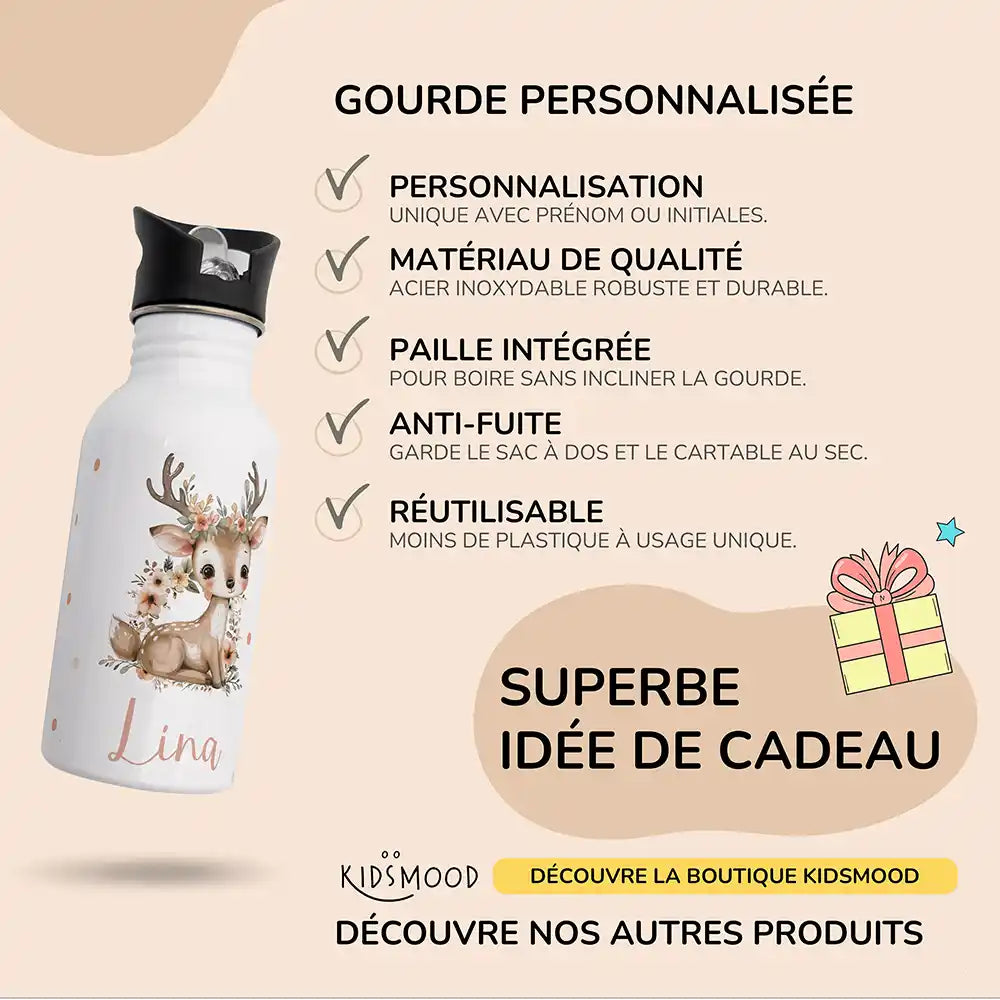 Les atouts de la gourde personnalisée enfant motif Faon fleuri — Kidsmood
