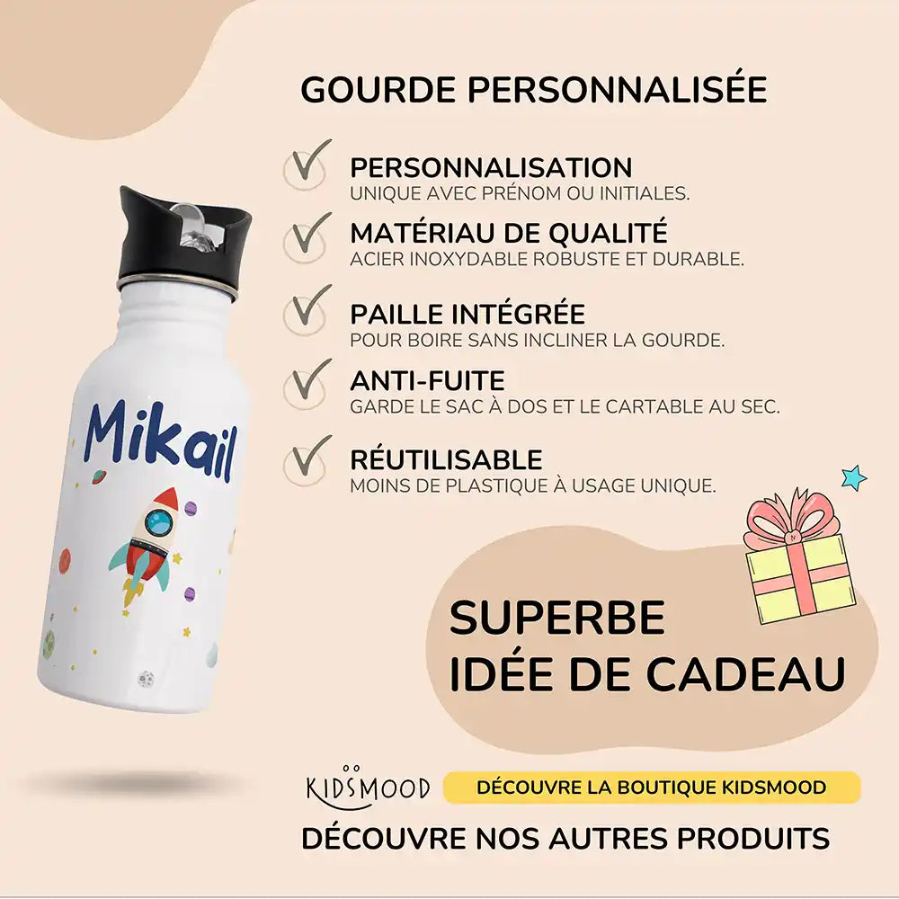 Les atouts de la gourde personnalisée enfant motif Fusée spatiale — Kidsmood