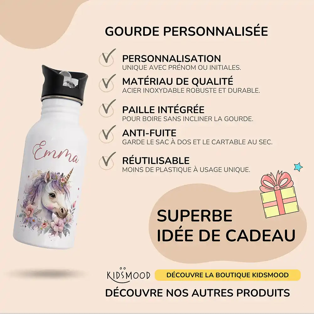 Les atouts de la gourde personnalisée enfant motif Licorne fleurie — Kidsmood