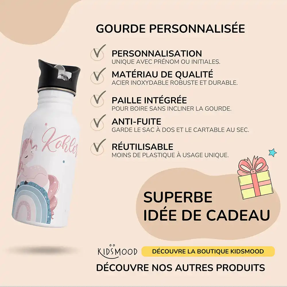 Les atouts de la gourde personnalisée enfant motif Licorne sur arc-en-ciel — Kidsmood
