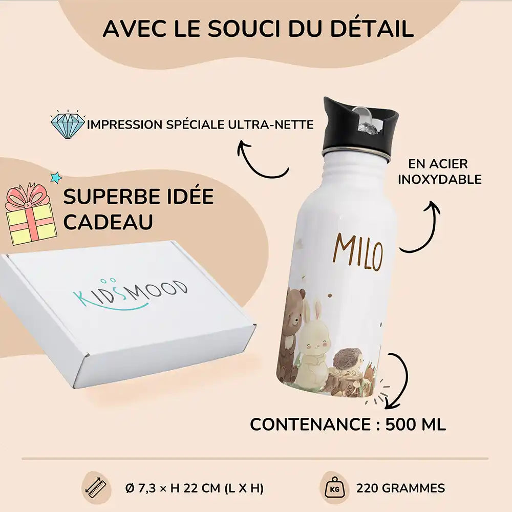 Détails et dimensions de la gourde enfant 500 ml motif Animaux de la forêt — Kidsmood