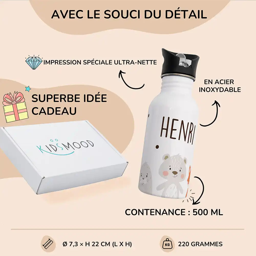 Détails et dimensions de la gourde enfant 500 ml motif Animaux tout doux — Kidsmood