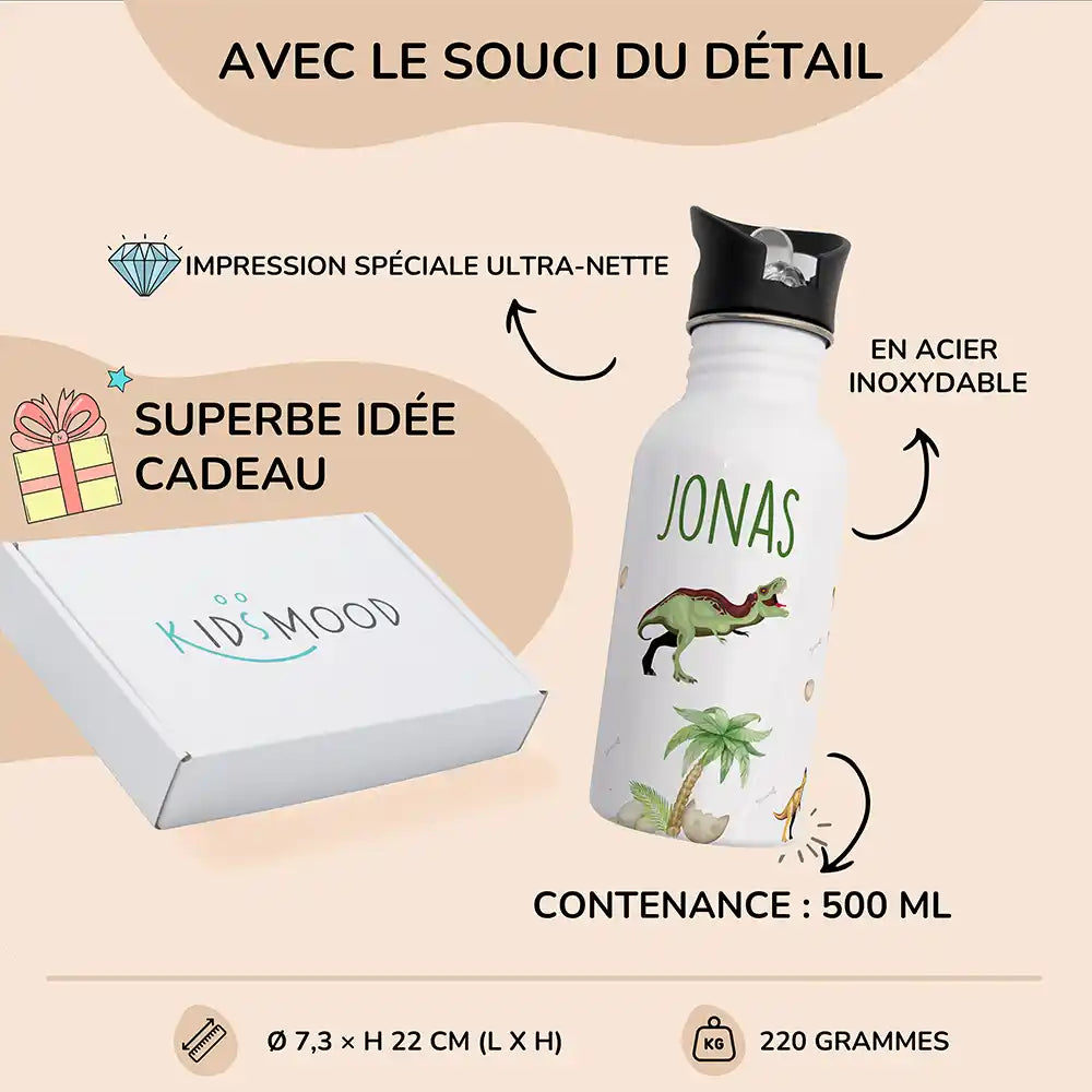 Détails et dimensions de la gourde enfant 500 ml motif Dinosaures de la jungle — Kidsmood