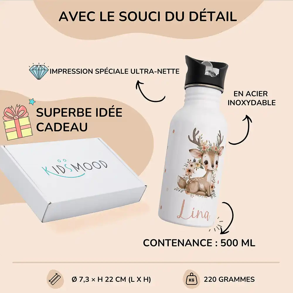 Détails et dimensions de la gourde enfant 500 ml motif Faon fleuri — Kidsmood
