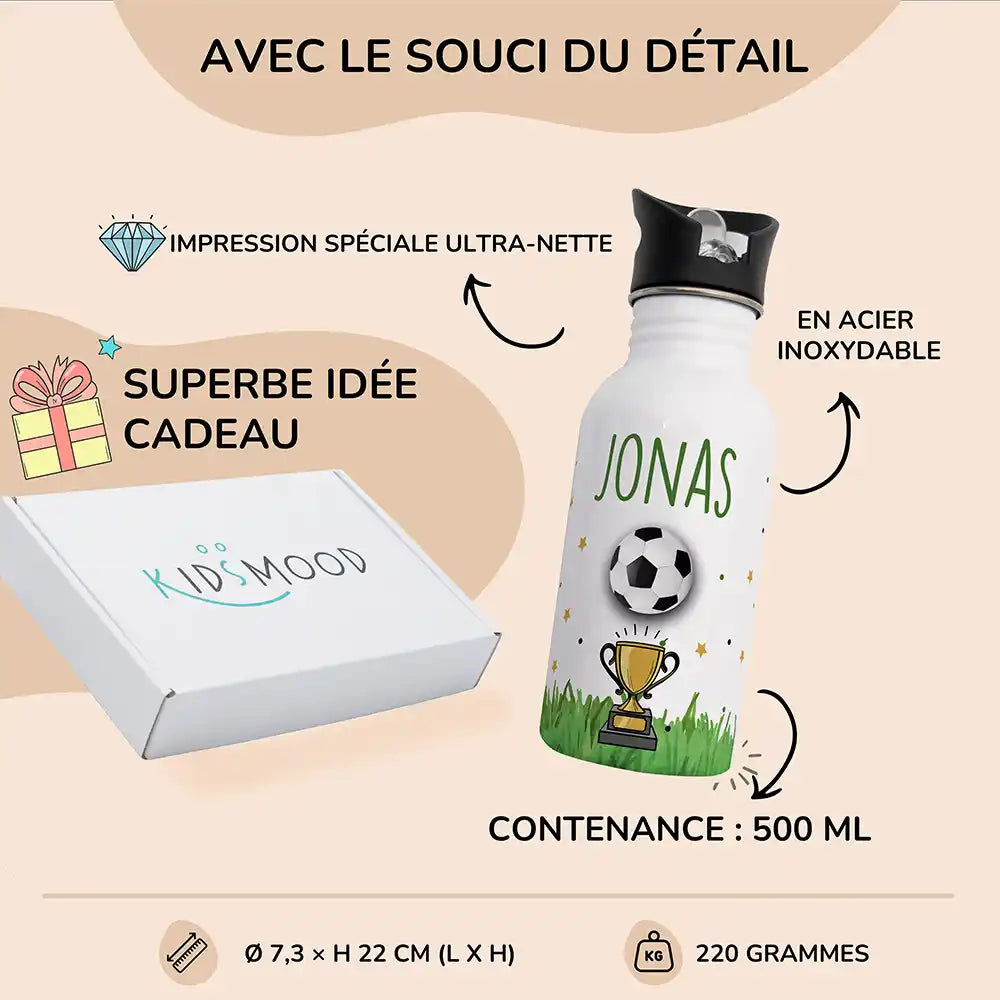 Détails et dimensions de la gourde enfant 500 ml motif Football et trophée — Kidsmood