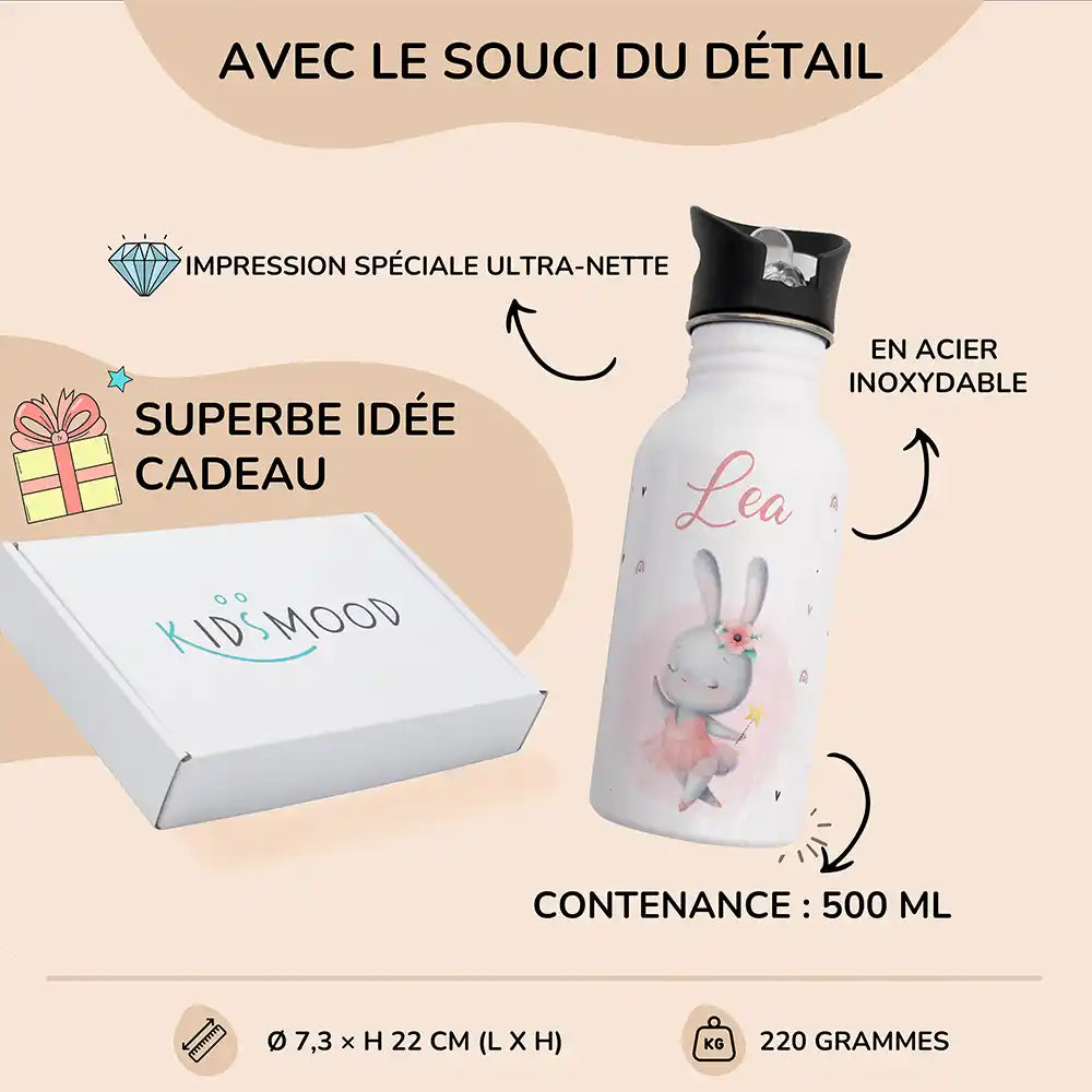 Détails et dimensions de la gourde enfant 500 ml motif Lapin ballerine — Kidsmood