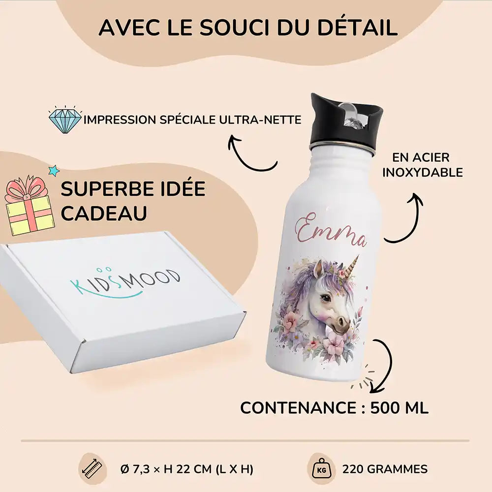 Détails et dimensions de la gourde enfant 500 ml motif Licorne fleurie — Kidsmood