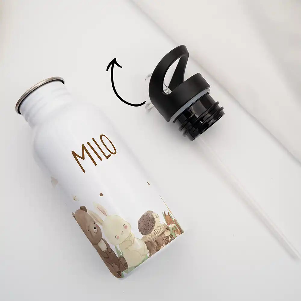 Gourde enfant en inox avec paille pour l'école et le sport, motif Animaux de la forêt — Kidsmood