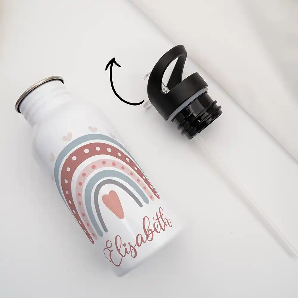 Gourde enfant en inox avec paille pour l'école et le sport, motif Arc-en-ciel et cœur — Kidsmood