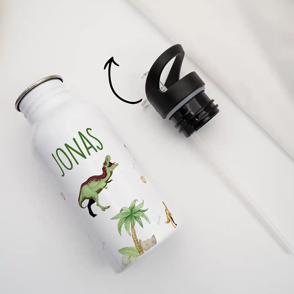 Gourde enfant en inox avec paille pour l'école et le sport, motif Dinosaures de la jungle — Kidsmood
