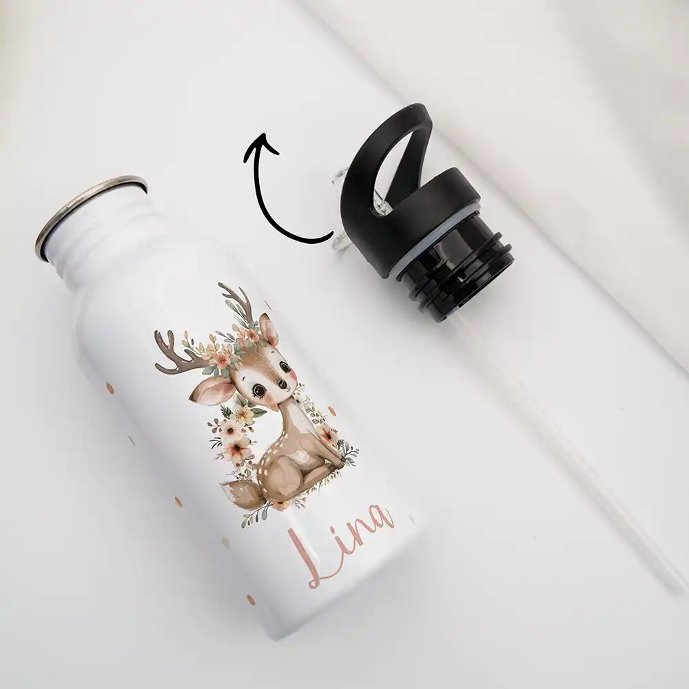 Gourde enfant en inox avec paille pour l'école et le sport, motif Faon fleuri — Kidsmood