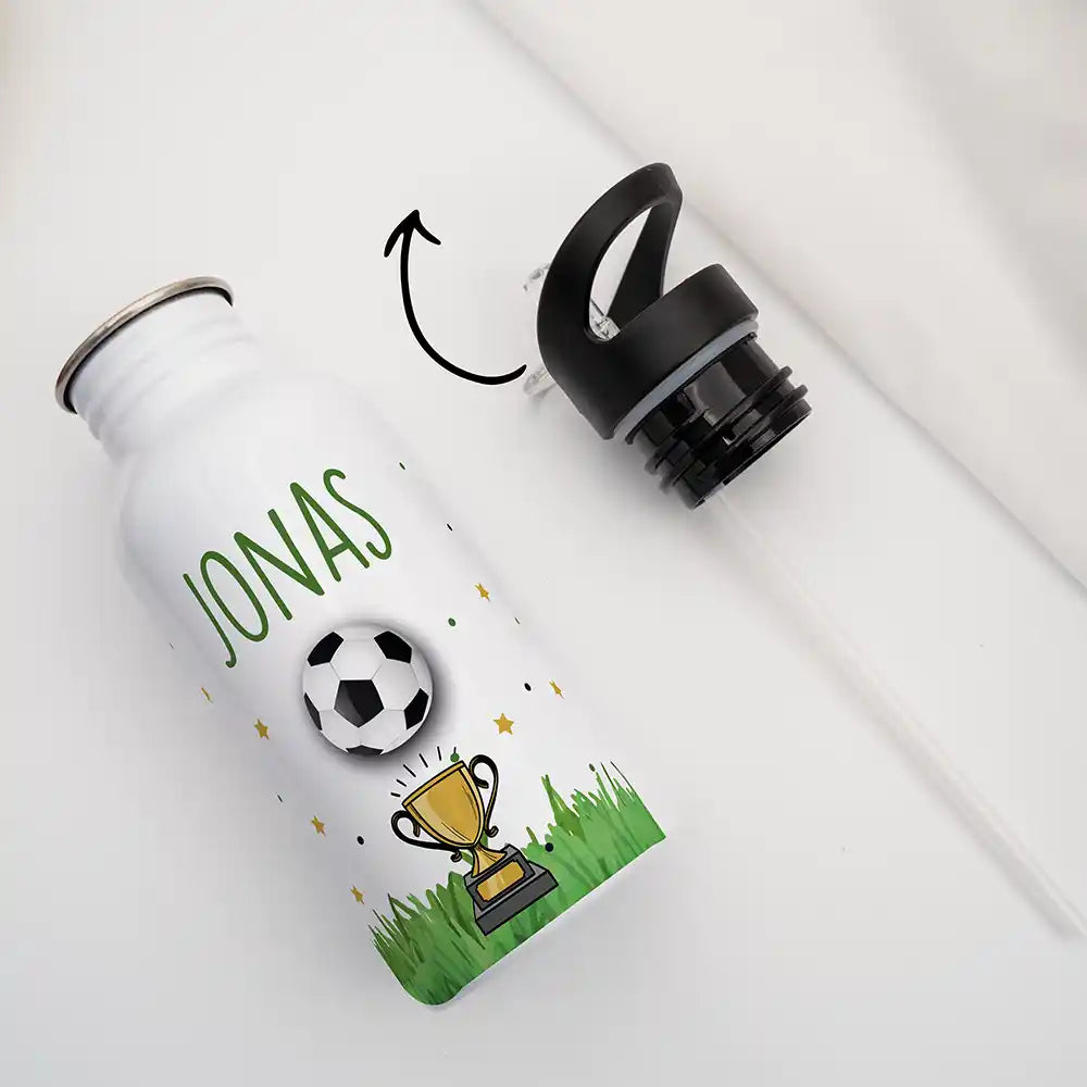 Gourde enfant en inox avec paille pour l'école et le sport, motif Football et trophée — Kidsmood