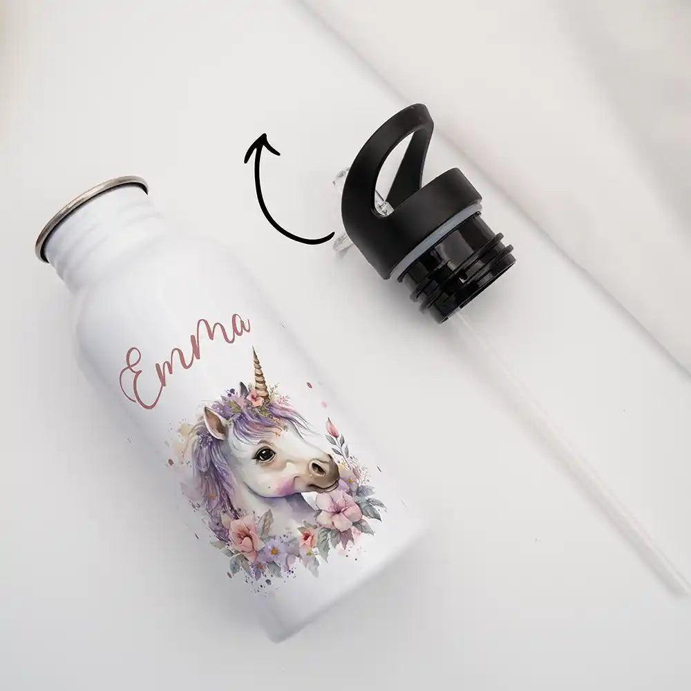 Gourde enfant en inox avec paille pour l'école et le sport, motif Licorne fleurie — Kidsmood