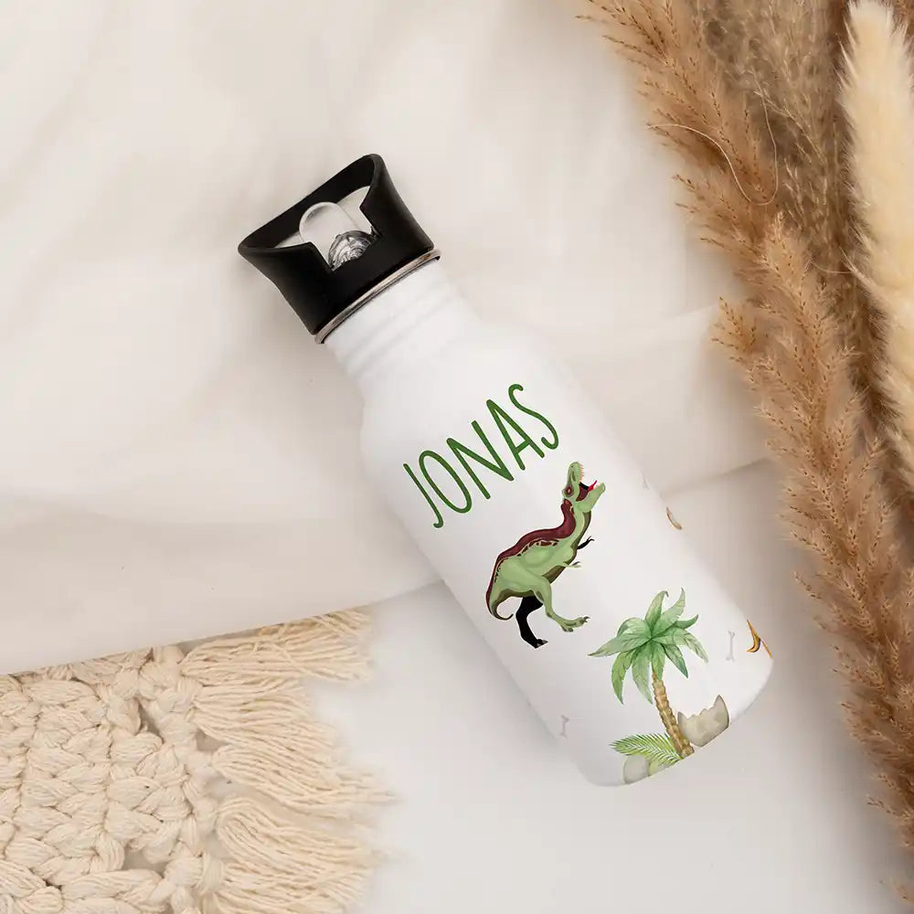 Jolie gourde personnalisée enfant motif Dinosaures de la jungle avec prénom — Kidsmood