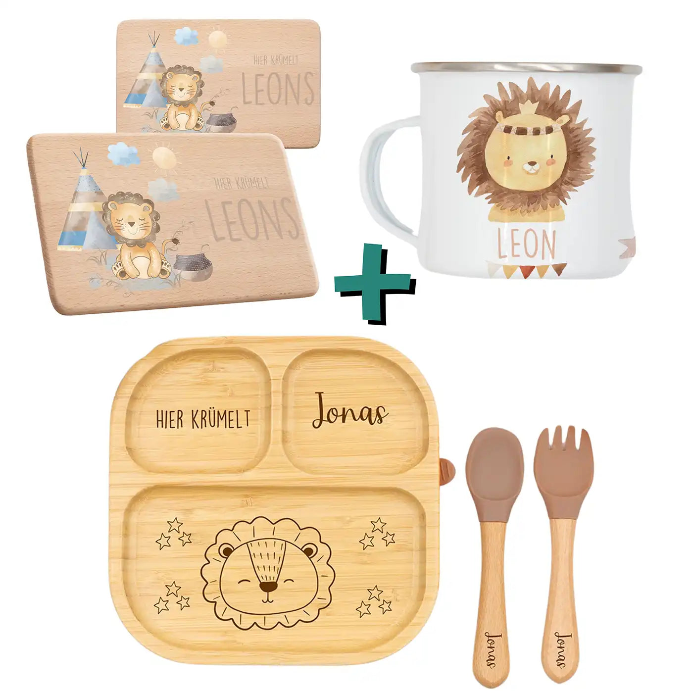 Frühstücks-Starter Set - Boho Löwe: Tasse, Brettchen und Kinderteller