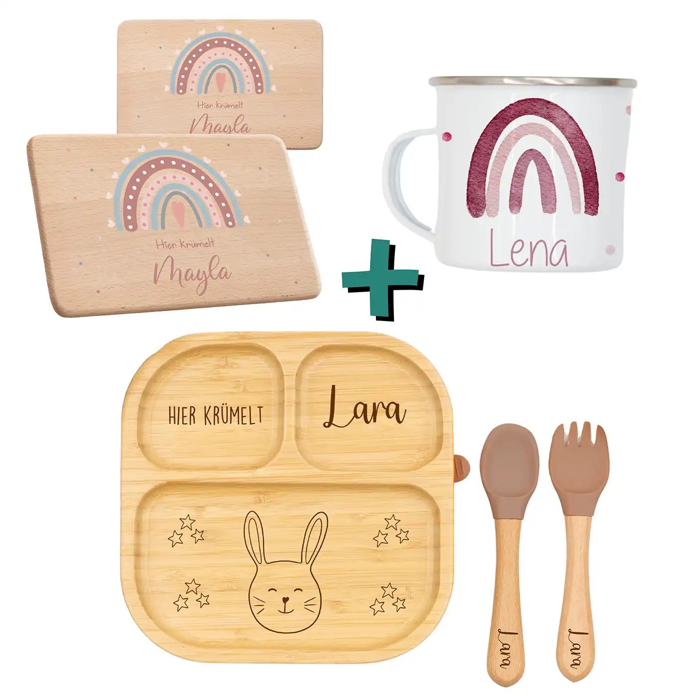 Frühstücks-Starter Set - Regenbogen: Tasse, Brettchen und Kinderteller