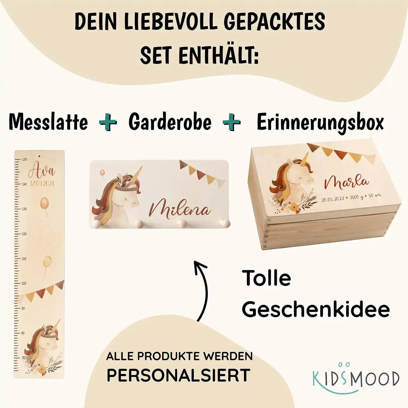 Erste Schritte Bundle - Boho Einhorn: Messlatte, Kindergarderobe, Erinnerungsbox