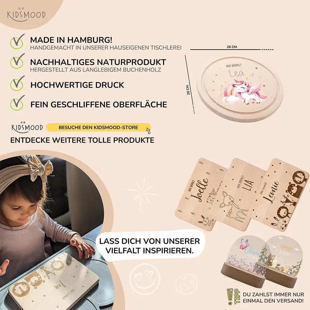 Rundes personalisiertes Frühstücksbrettchen Einhorn mit Namen für Kinder