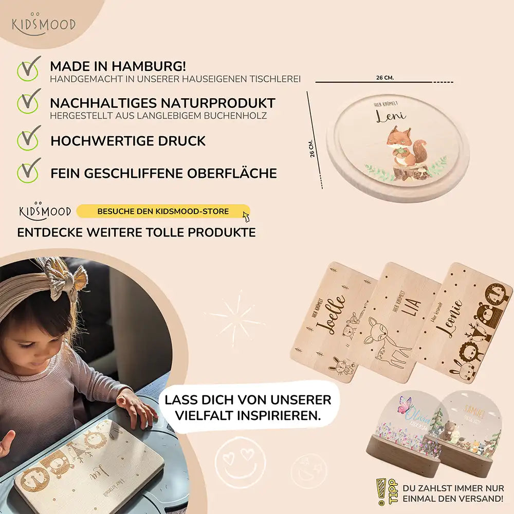 Rundes personalisiertes Frühstücksbrettchen Eichhörnchen mit Namen für Kinder