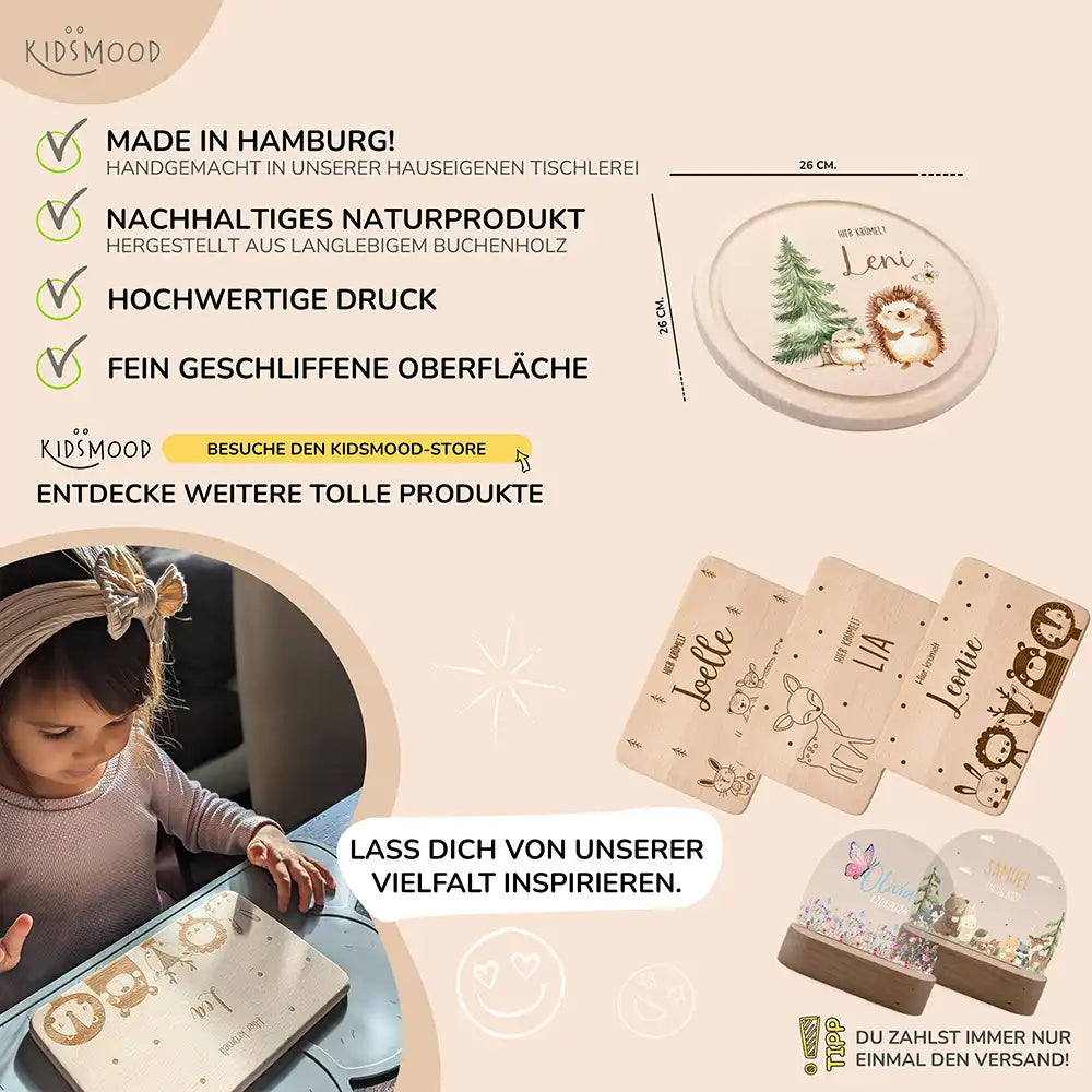 Rundes personalisiertes Frühstücksbrettchen Igel mit Namen für Kinder