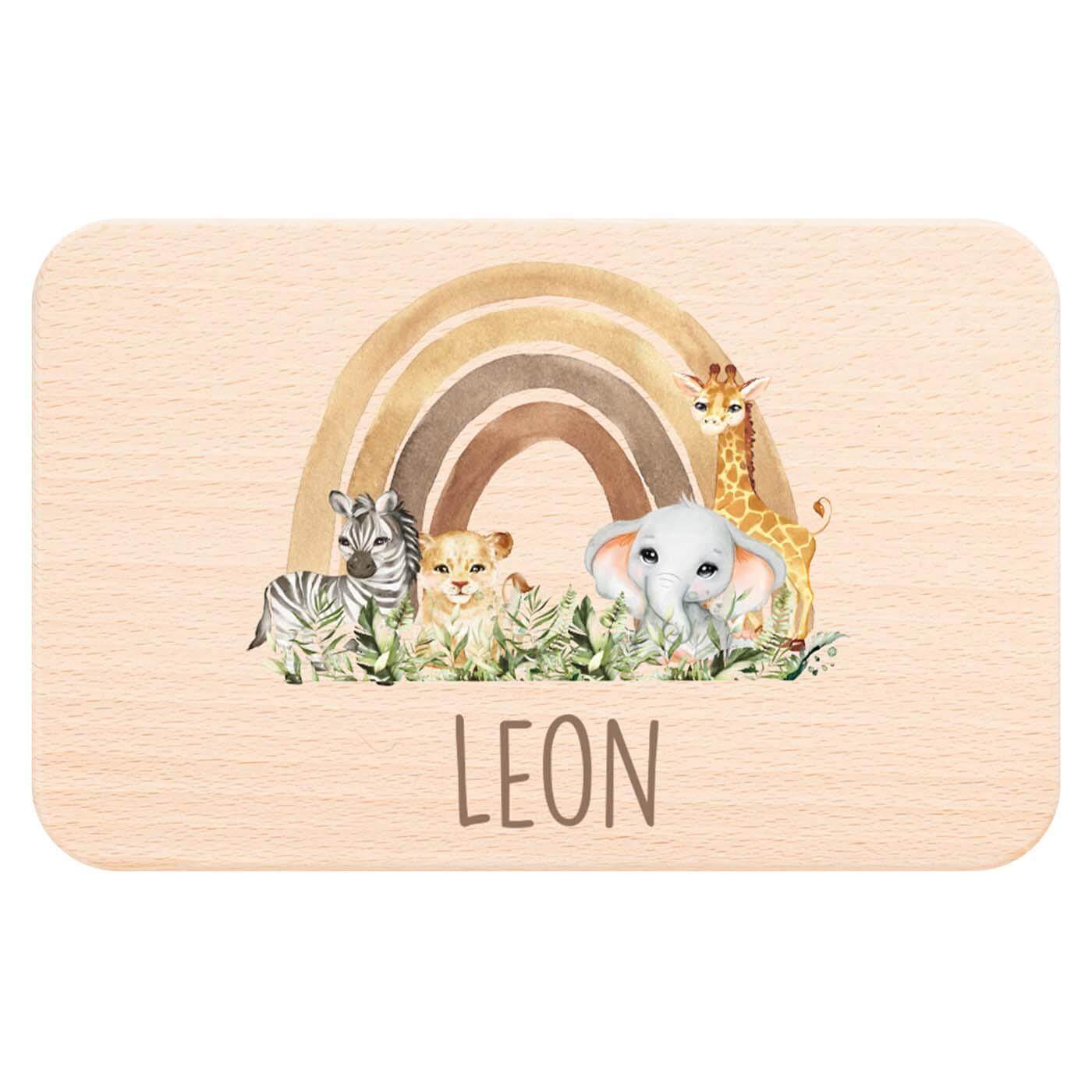 frühstücksbrettchen mit rainbow animals und namensgravur