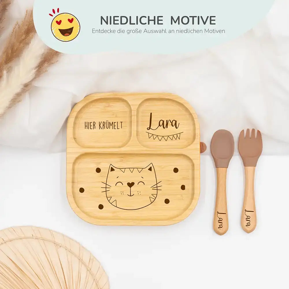 Kinderteller mit Saugnapf personalisiert mit Namen - Kätzchen Motiv