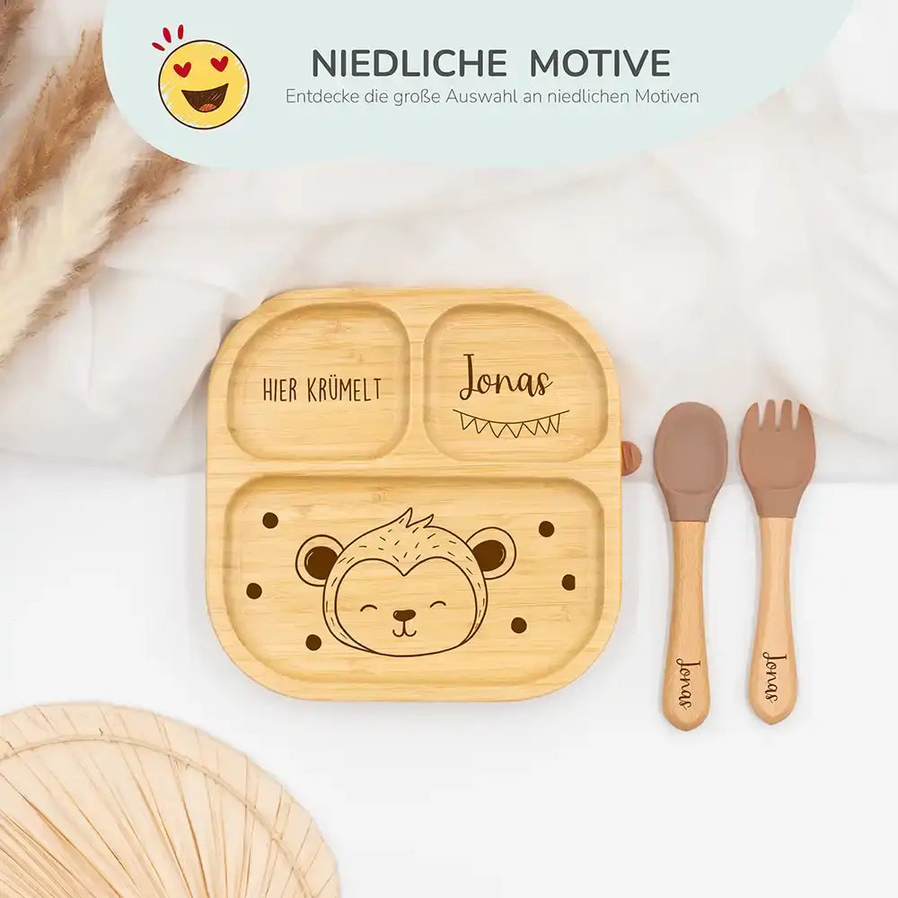 Kinderteller mit Saugnapf personalisiert mit Namen - Fuchs Motiv