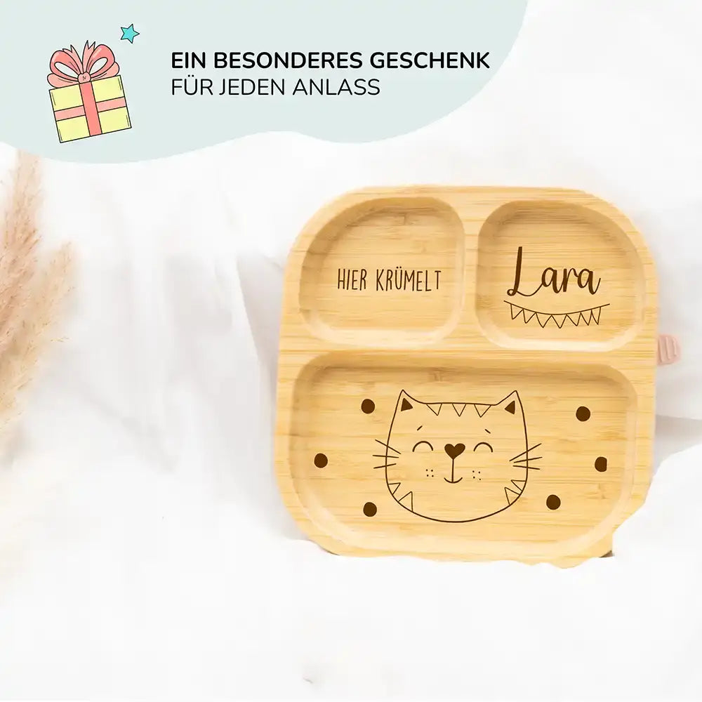 Kinderteller mit Saugnapf personalisiert mit Namen - Kätzchen Motiv