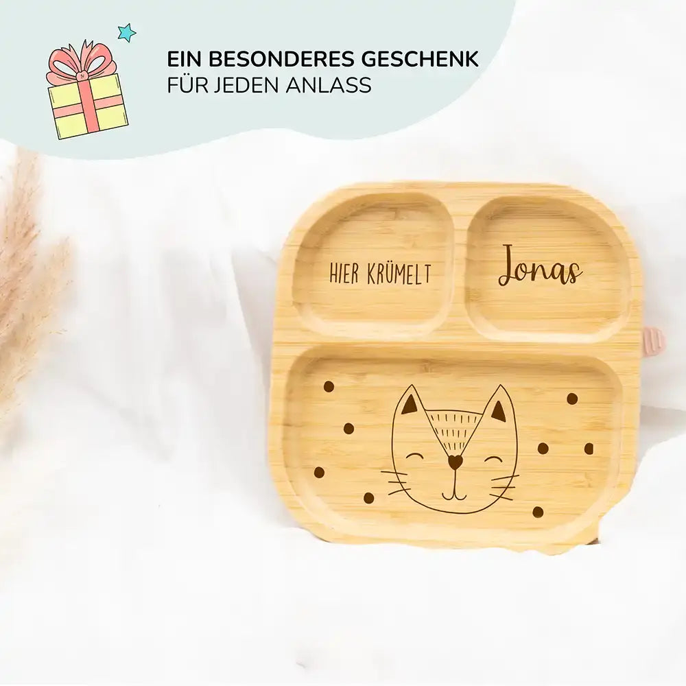Kinderteller mit Saugnapf personalisiert mit Namen - Hase mit Punkten Motiv