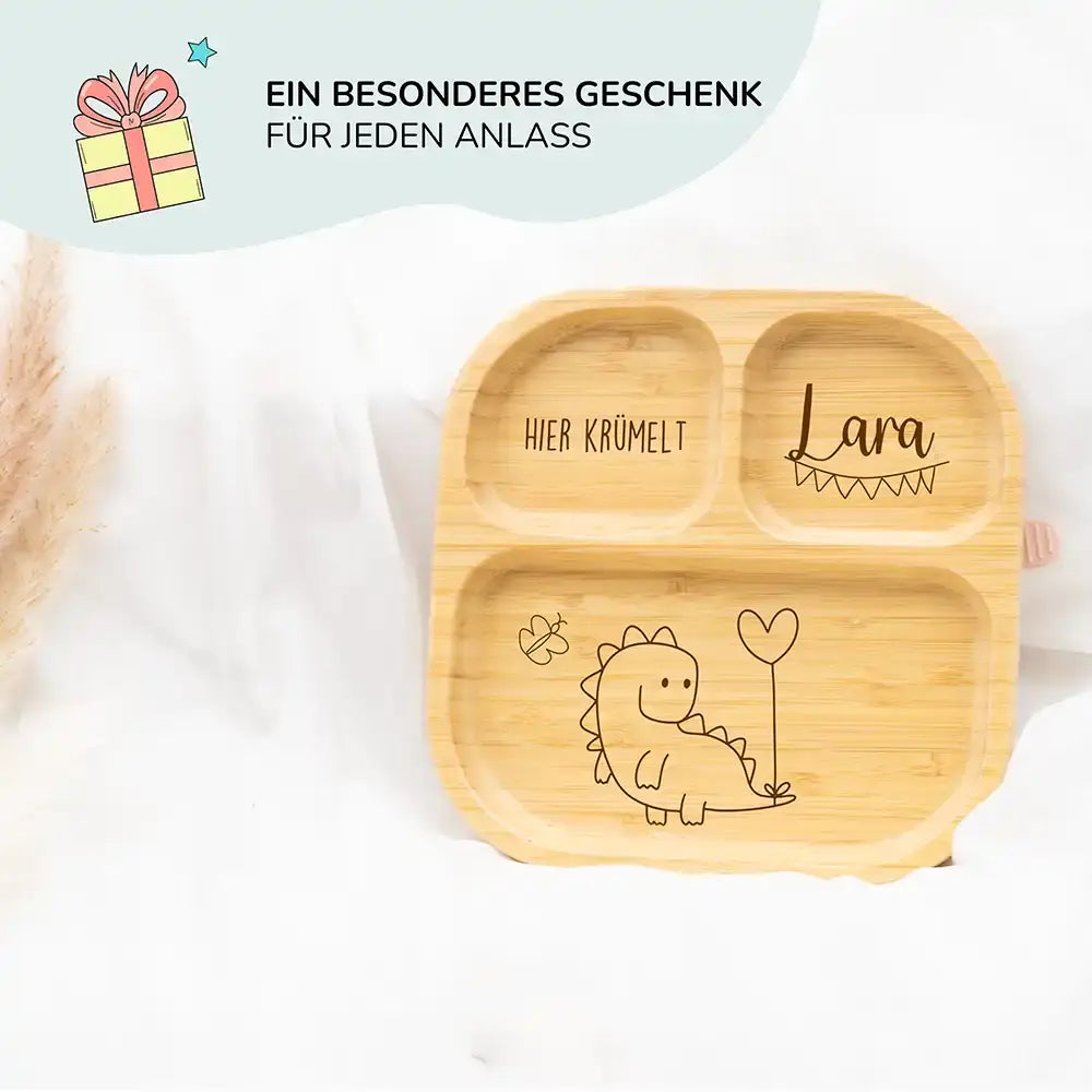 Kinderteller mit Saugnapf personalisiert mit Namen - Dino