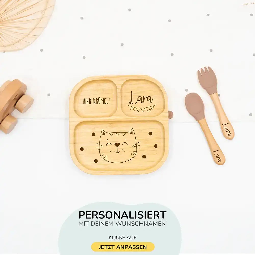 Kinderteller mit Saugnapf personalisiert mit Namen - Kätzchen Motiv