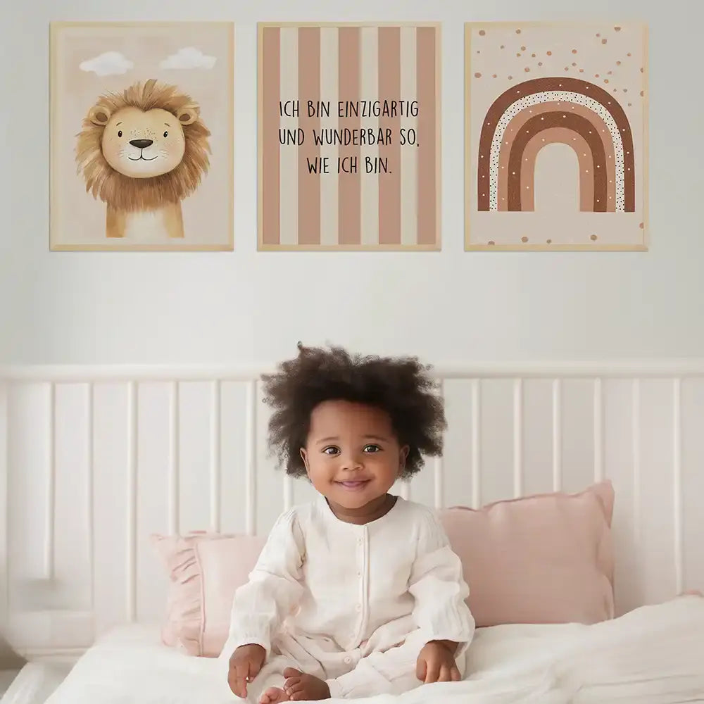 Poster 3er-Set - Löwe, Regenbogen & Selbstwert Affirmation fürs Kinderzimmer